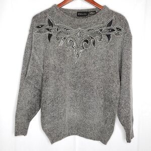 Vintage 80s Angora Silk Pullover Sweater M Faux Leather Leaf Flame Applique Gray